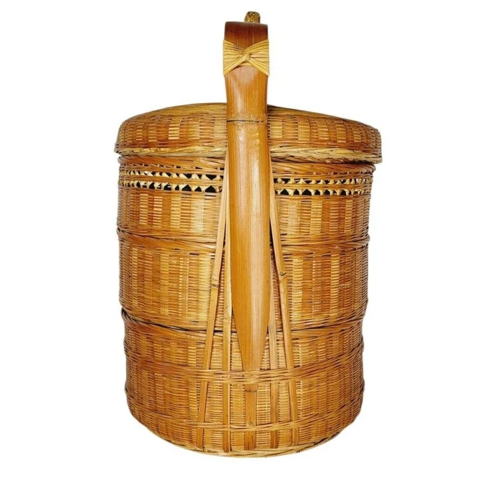 Vintage 1940s Boho Chinese Stacked Wicker Nesting Triple Storage Wedding Basket